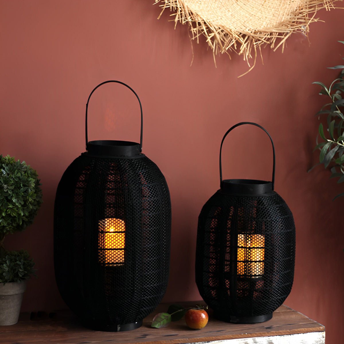 Black Handmade Wood LED Candle Lantern Floor Lamp