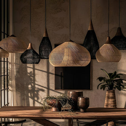 Bowl-shaped Handmade Rattan Pendant Light – Boho Woven Hanging Lamp