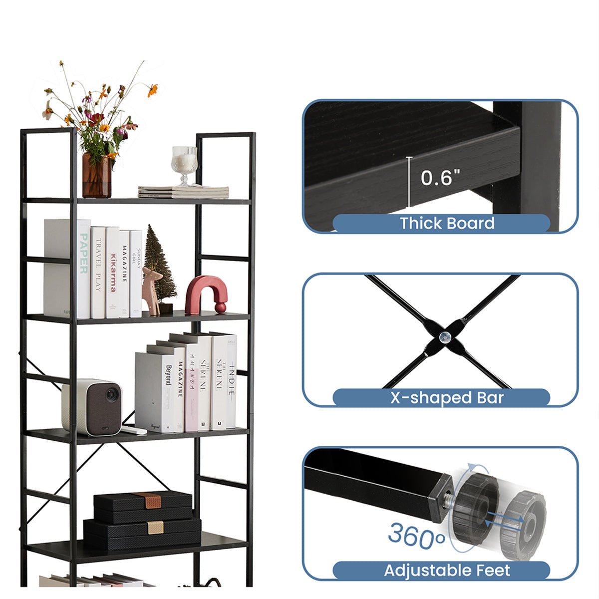Classic 5 Tiers Bookshelf Storage Rack Shelves Storage Organizer