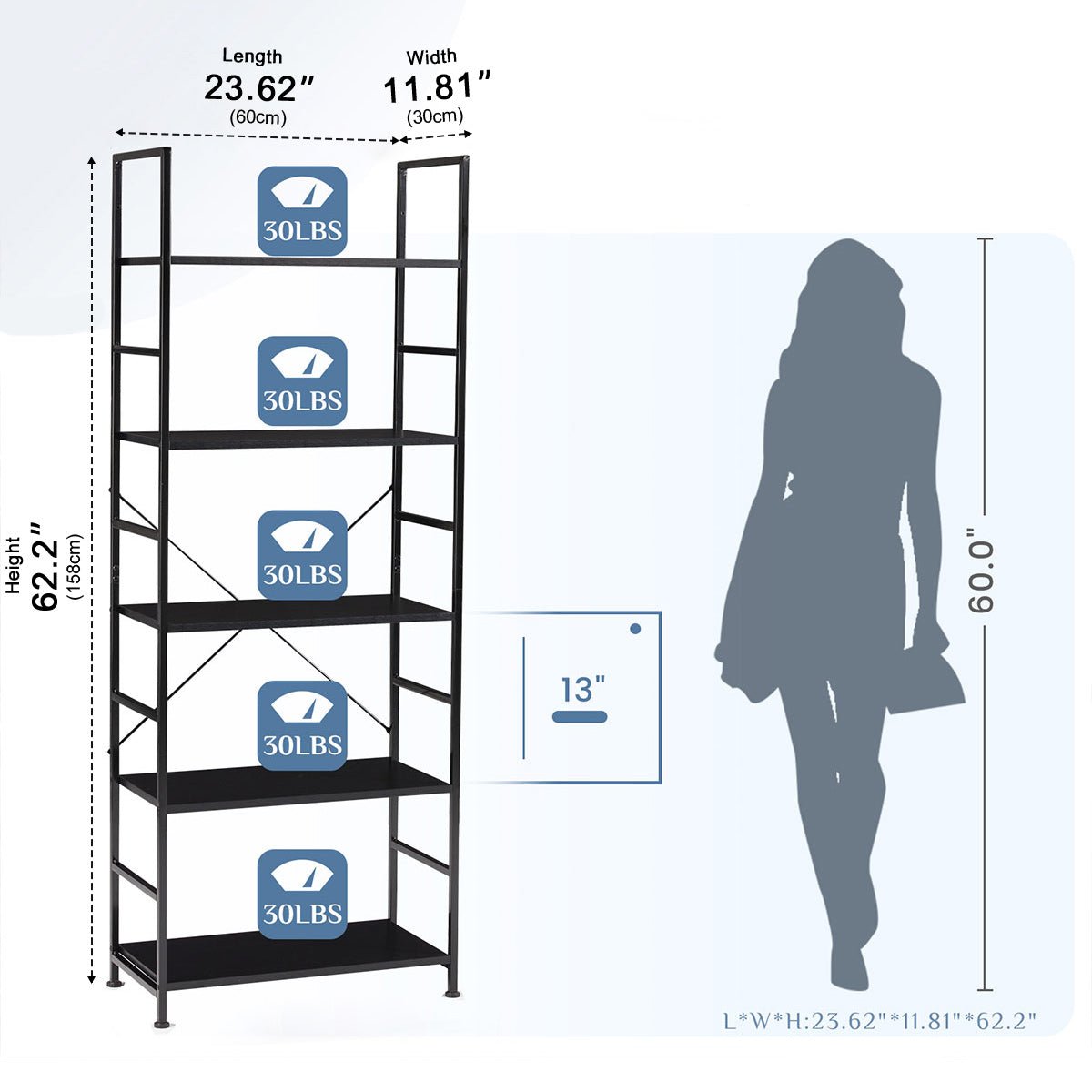 Classic 5 Tiers Bookshelf Storage Rack Shelves Storage Organizer