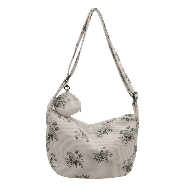 Soft women's messenger bag - dumpling bag with floral print, canvas, casual everyday use