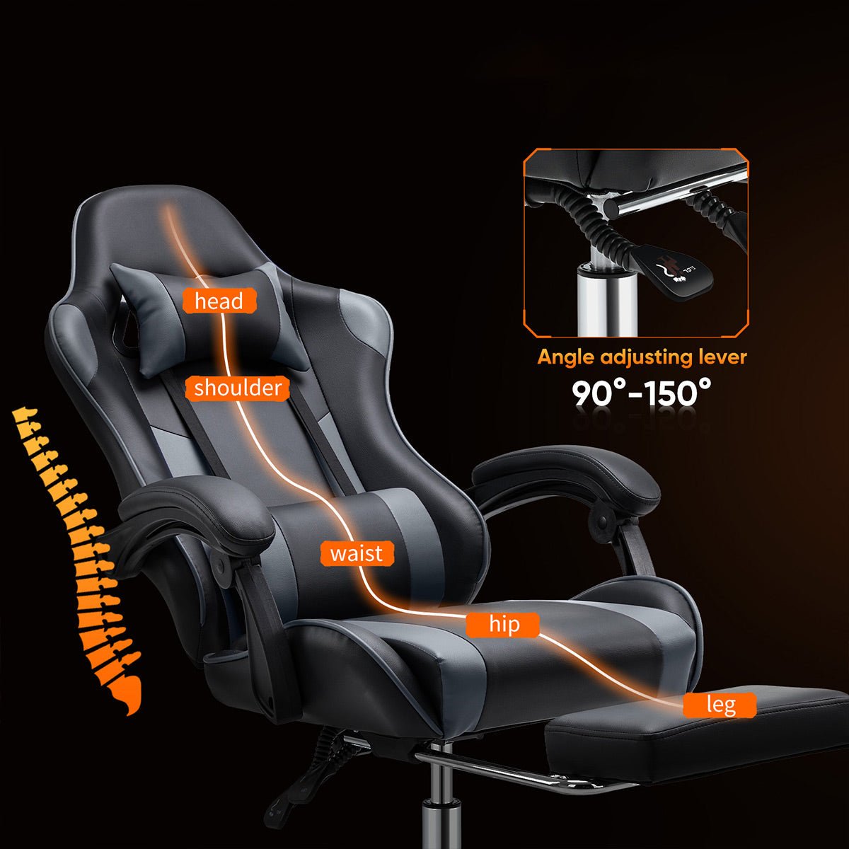 Ergonomic Computer Game Desk Chair Recliner - with Footrest & Lumbar Support & Headrest, Fixed Up Armrest,