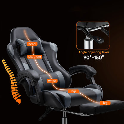 Ergonomic Computer Game Desk Chair Recliner - with Footrest & Lumbar Support & Headrest, Fixed Up Armrest,