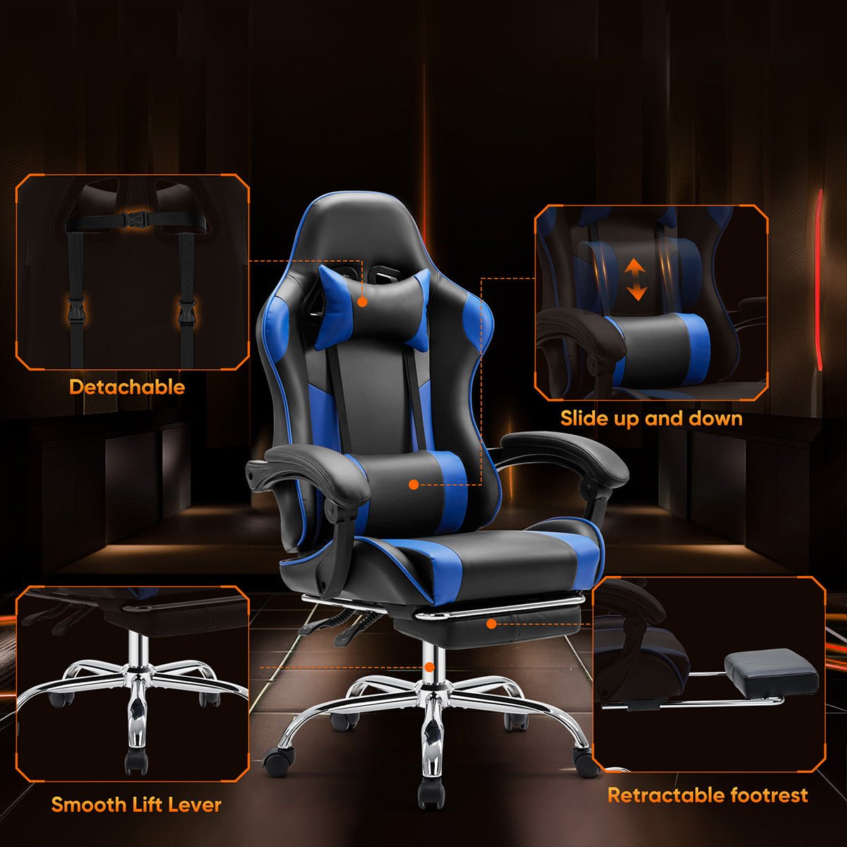 Ergonomic Computer Game Desk Chair Recliner - with Footrest & Lumbar Support & Headrest, Fixed Up Armrest,