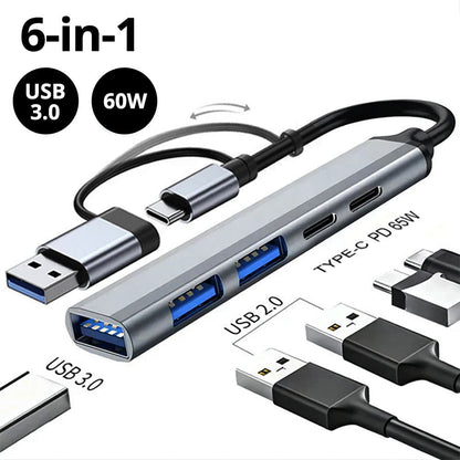USB C Hub 6 In 1 Multiport Adapter Compact 60W PD Plus