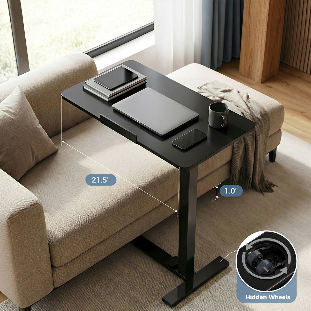 Height-Adjustable Bedside Table on Wheels – Portable
