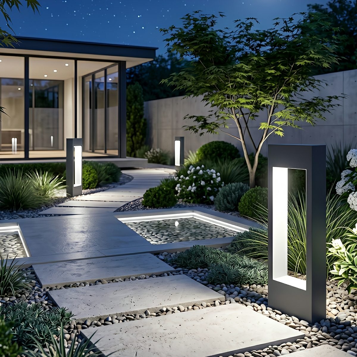 Hollow Square Waterproof LED Black Modern Outdoor Lawn Light Post Lights
