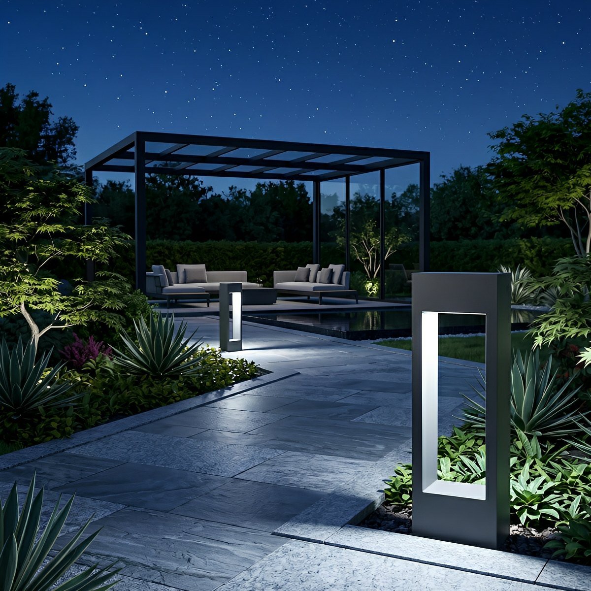 Hollow Square Waterproof LED Black Modern Outdoor Lawn Light Post Lights