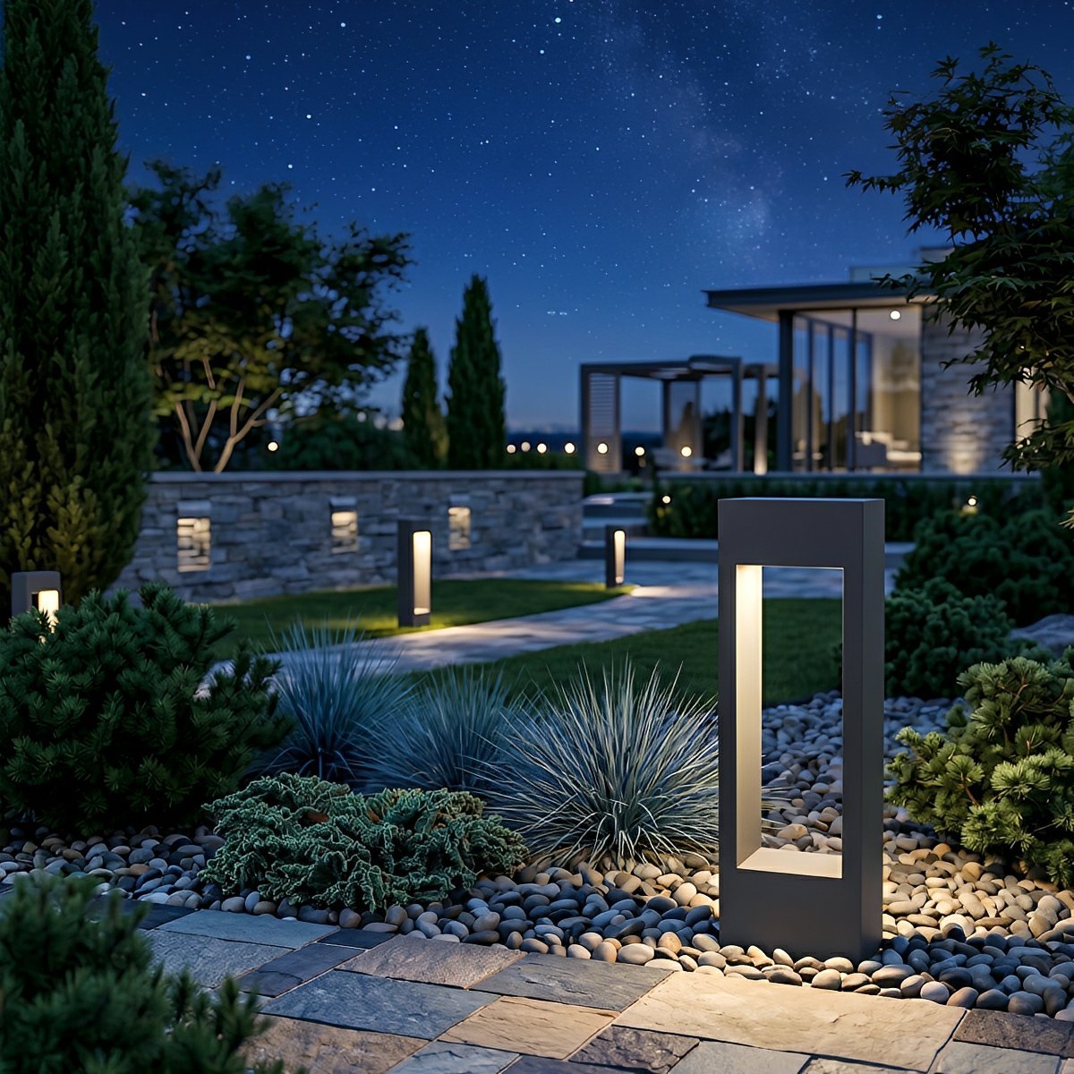 Hollow Square Waterproof LED Black Modern Outdoor Lawn Light Post Lights