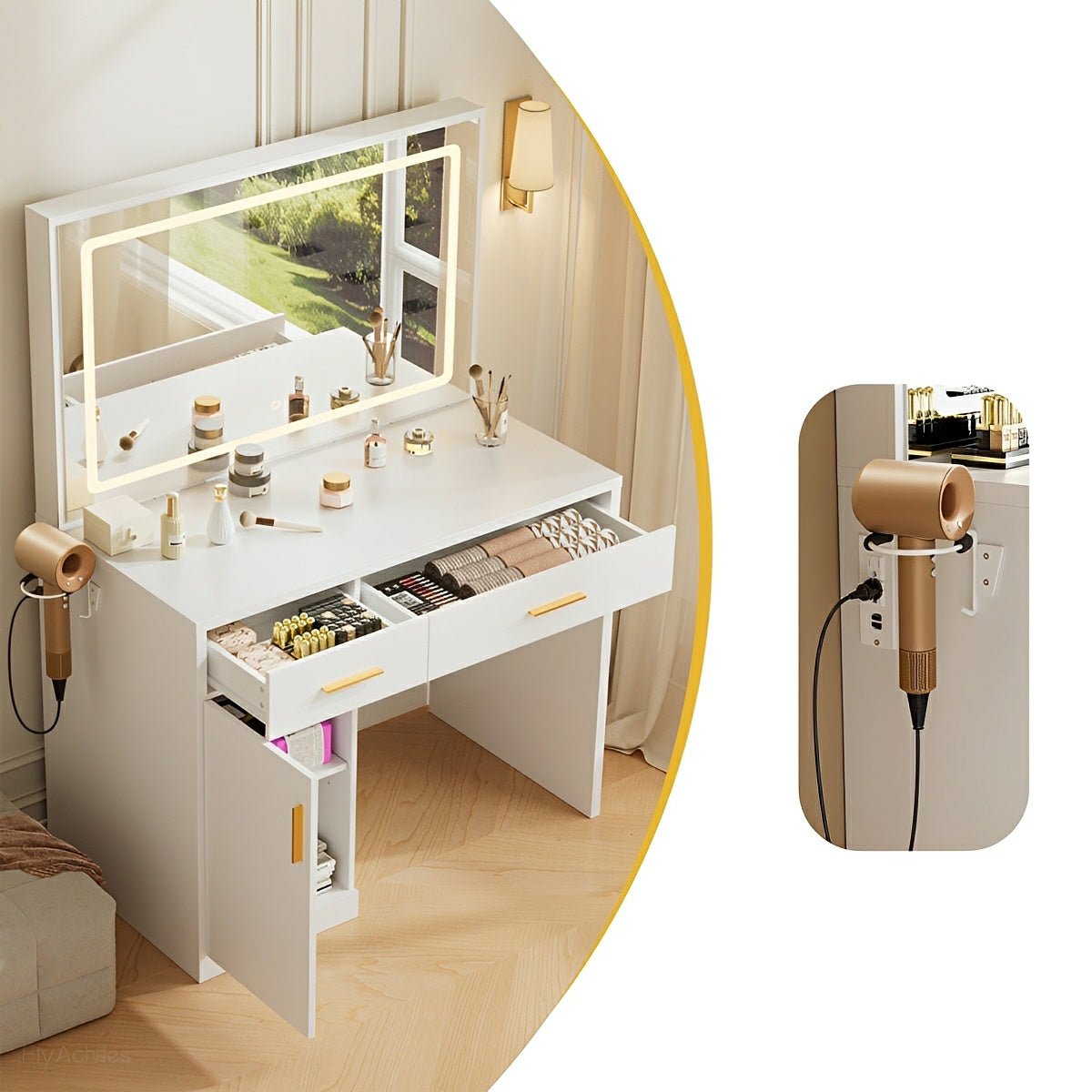 LED Makeup Vanity with Charging Station & 3-Color Light