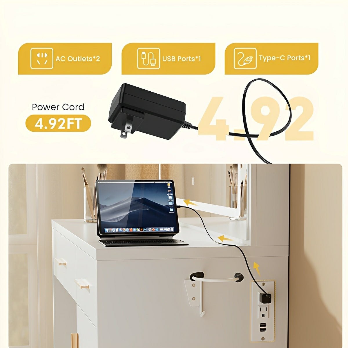 LED Makeup Vanity with Charging Station & 3-Color Light