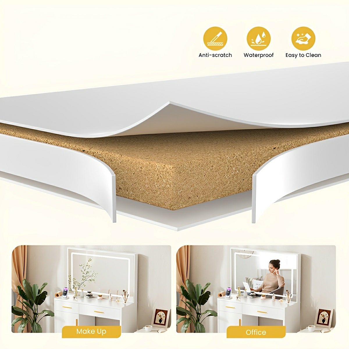 LED Makeup Vanity with Charging Station & 3-Color Light