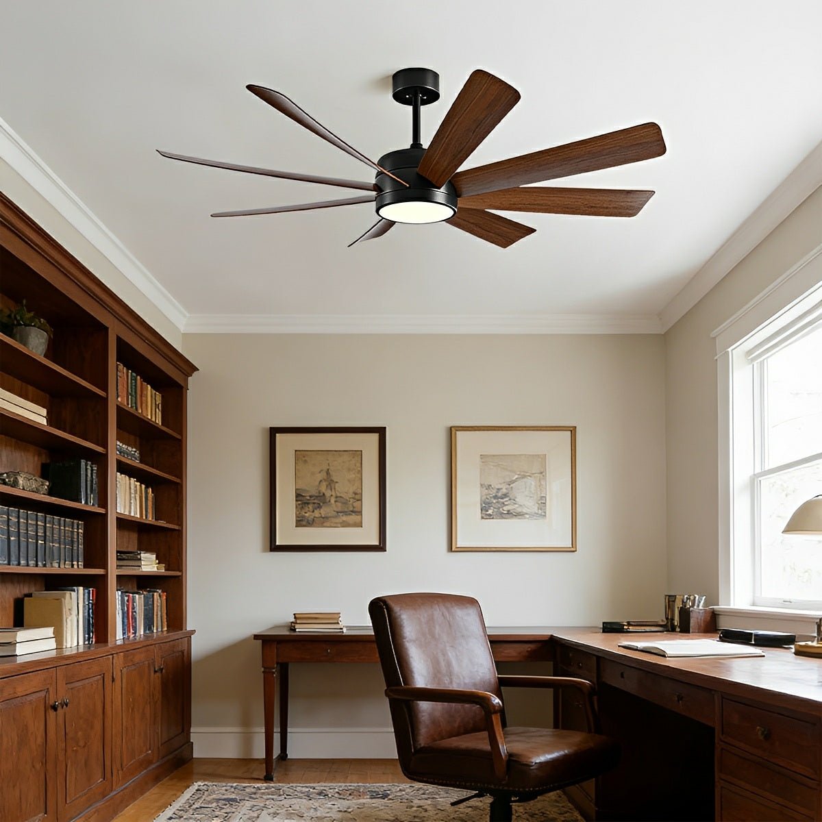 Mid-Century 8-Blade Scandinavian Minimalist Ceiling Fan with LED Light