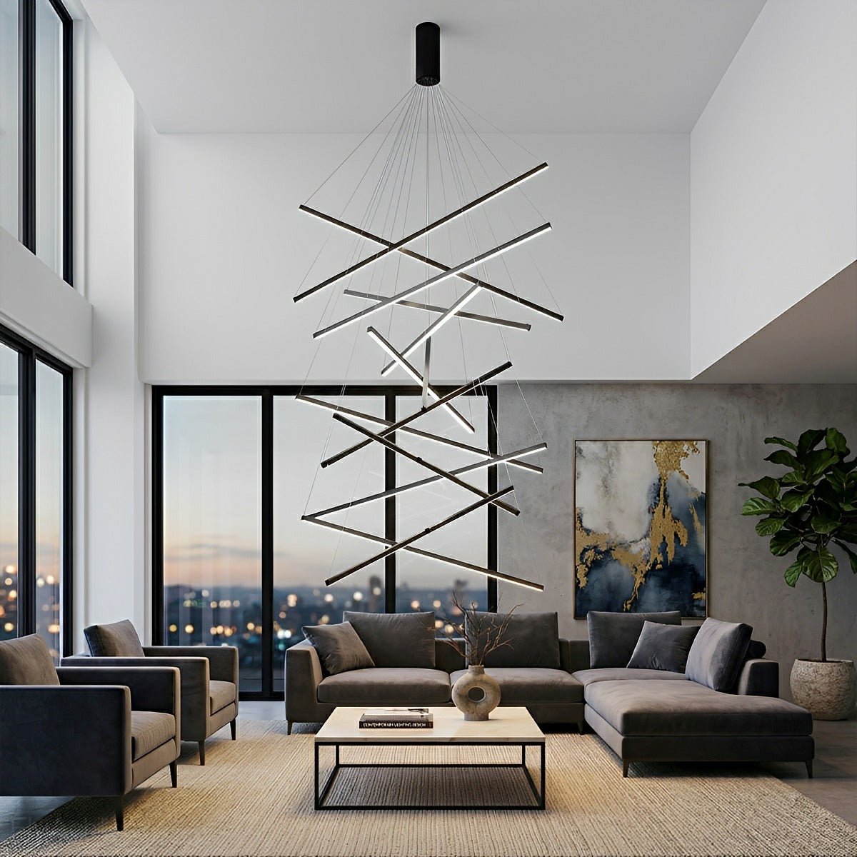 Minimalist Geometric Tiered Strip Dimming LED Black Modern Chandelier - Flare Shack