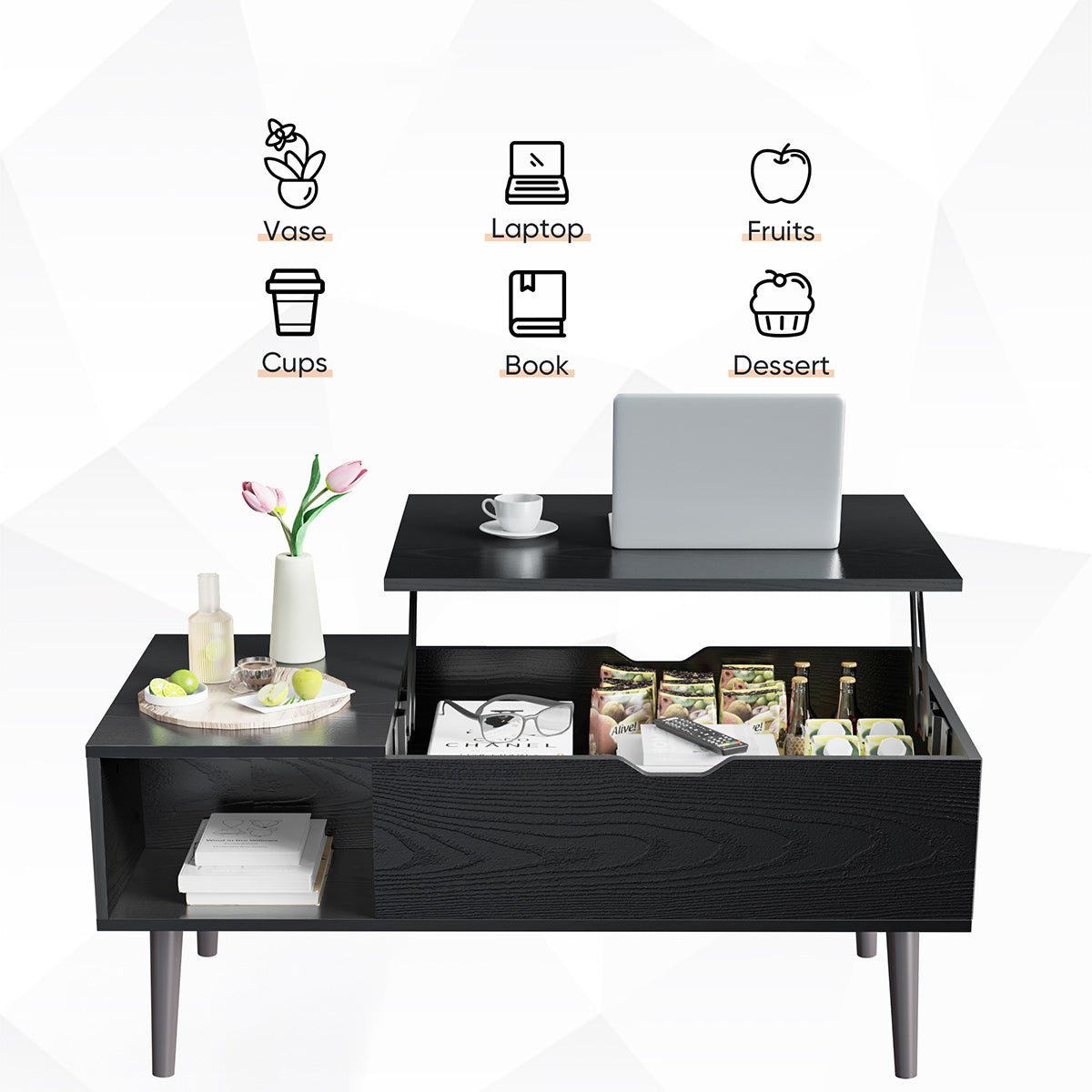 Modern Lift Tabletop Coffee Tables with Storage Shelf and Hidden Compartment
