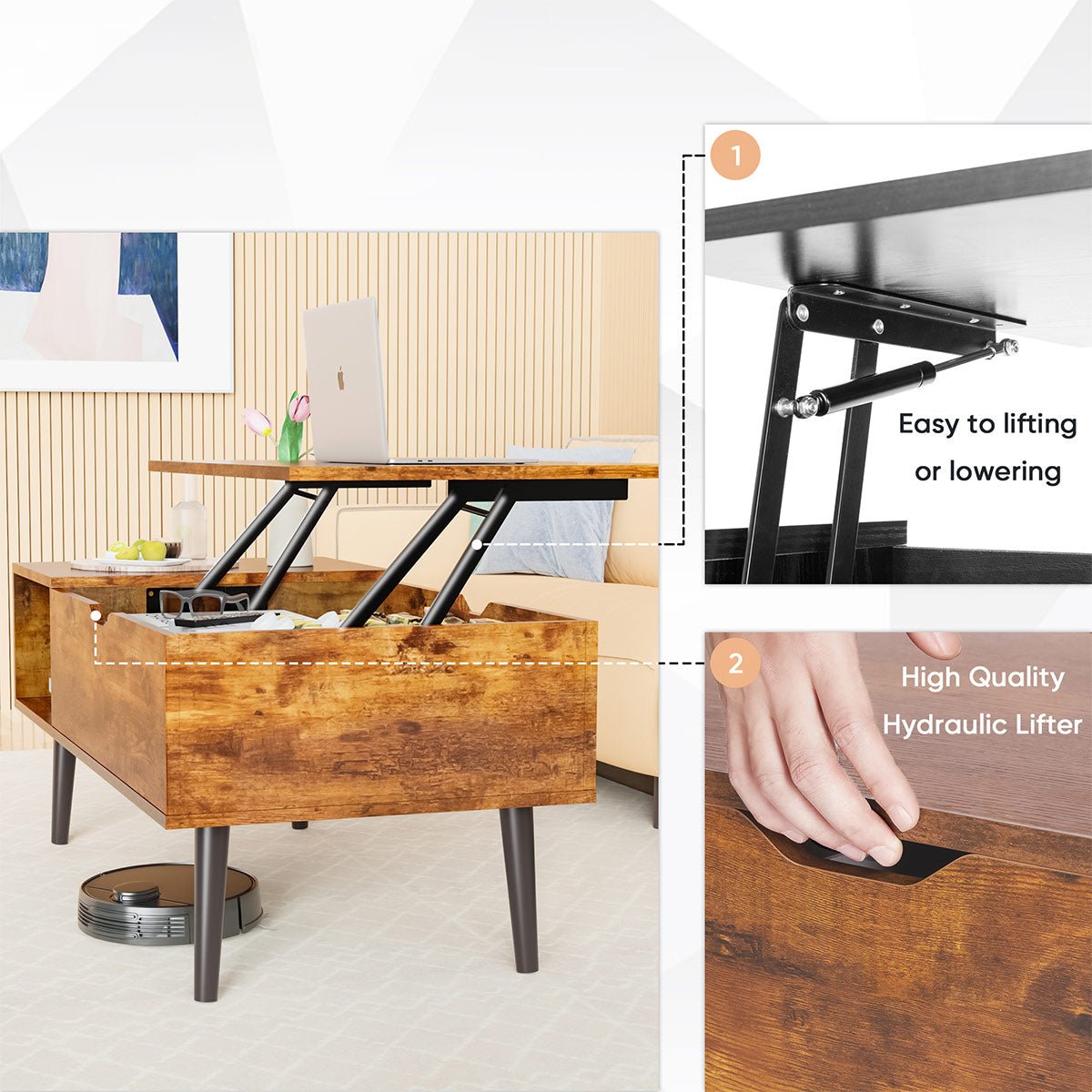 Modern Lift Tabletop Coffee Tables with Storage Shelf and Hidden Compartment