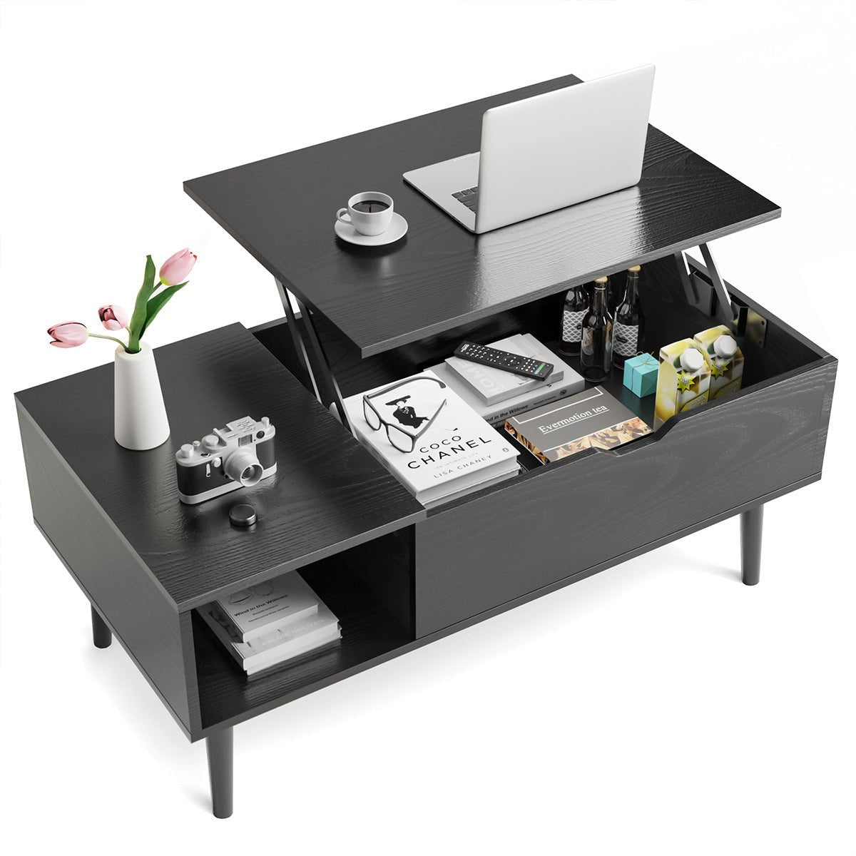 Modern Lift Tabletop Coffee Tables with Storage Shelf and Hidden Compartment