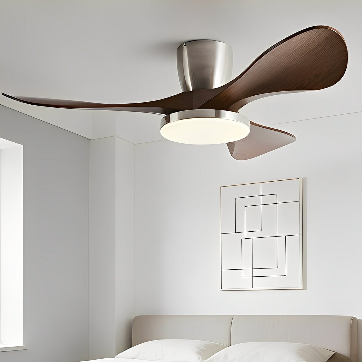 Modern Minimalist Sculptural DC Motor Reverse Ceiling Fan with Light - Flare Shack