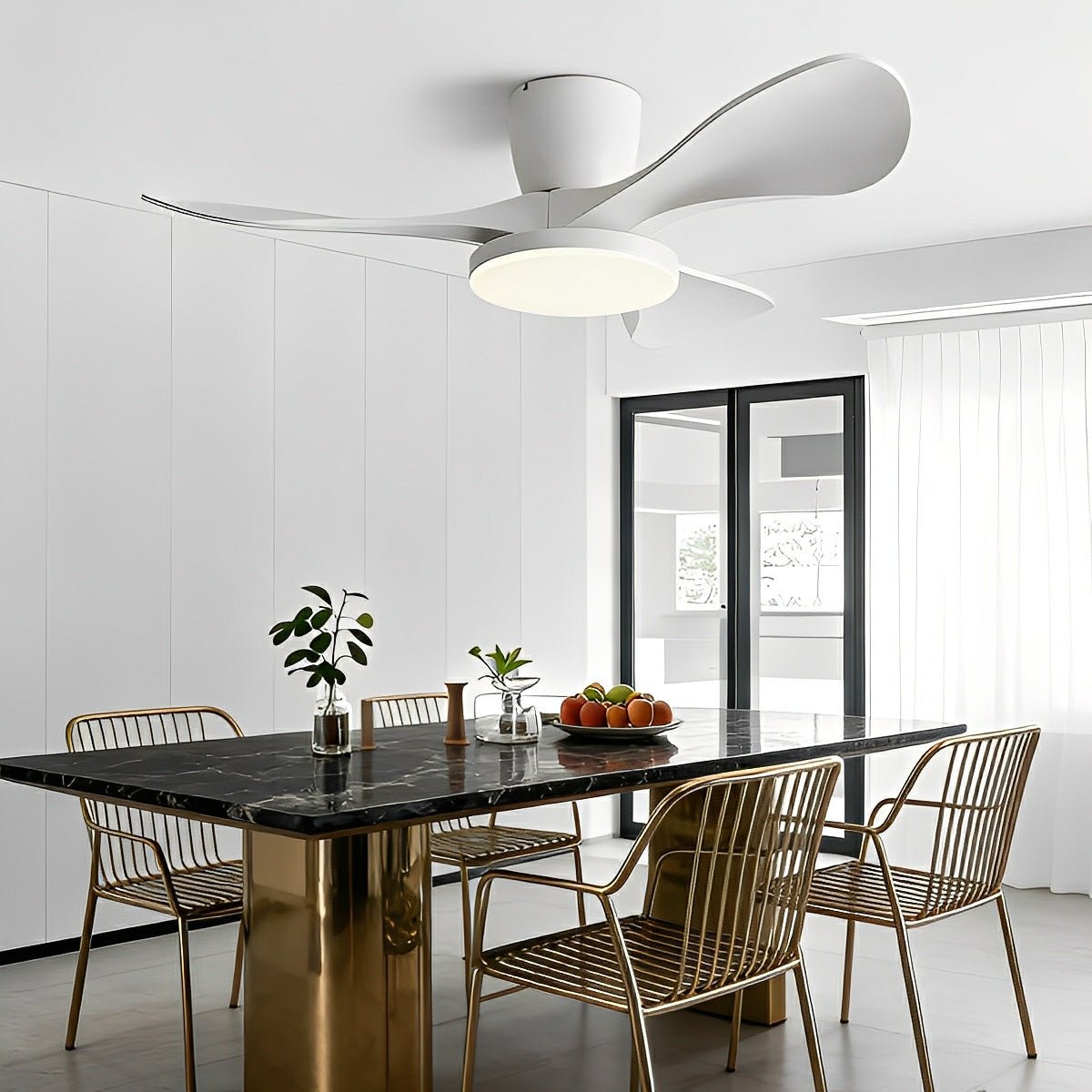 Modern Minimalist Sculptural DC Motor Reverse Ceiling Fan with Light - Flare Shack