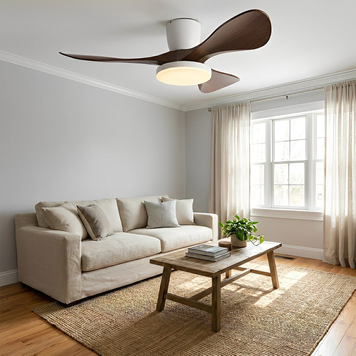 Modern Minimalist Sculptural DC Motor Reverse Ceiling Fan with Light - Flare Shack