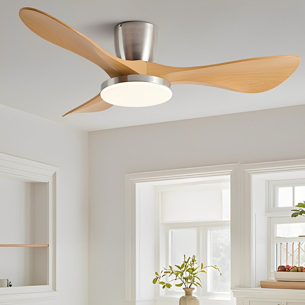 Modern Minimalist Sculptural DC Motor Reverse Ceiling Fan with Light - Flare Shack