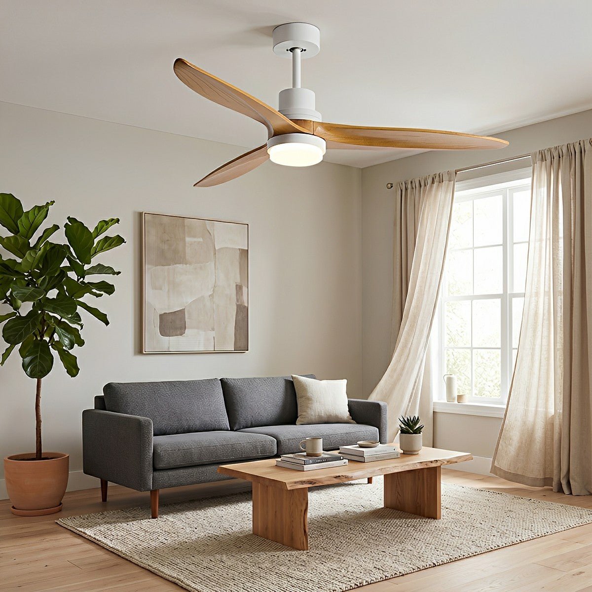 Modern Minimalist Wood DC Motor Reversible Ceiling Fan with Light