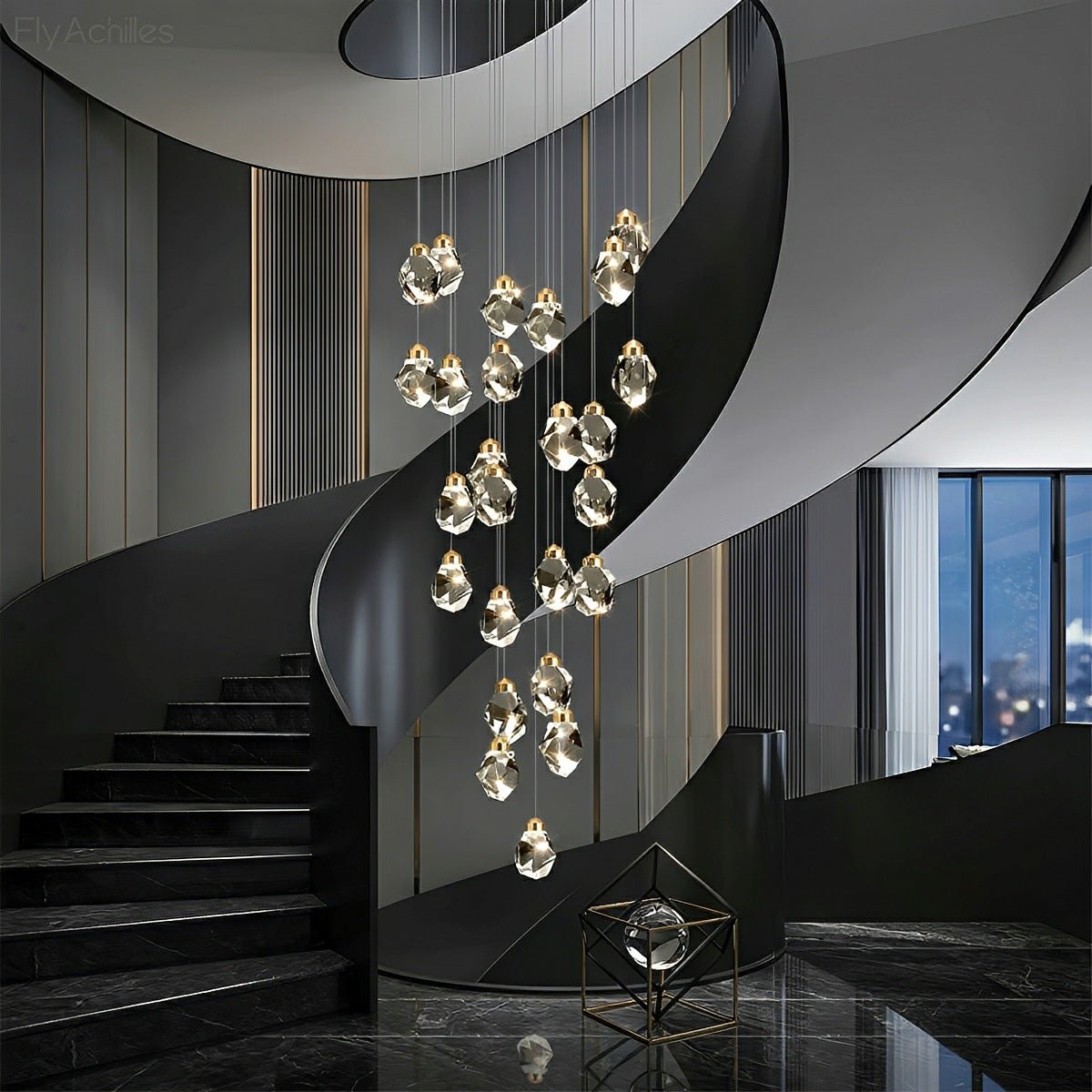 Dimmable Modern Spiral Crystal Droplets Staircase Chandelier