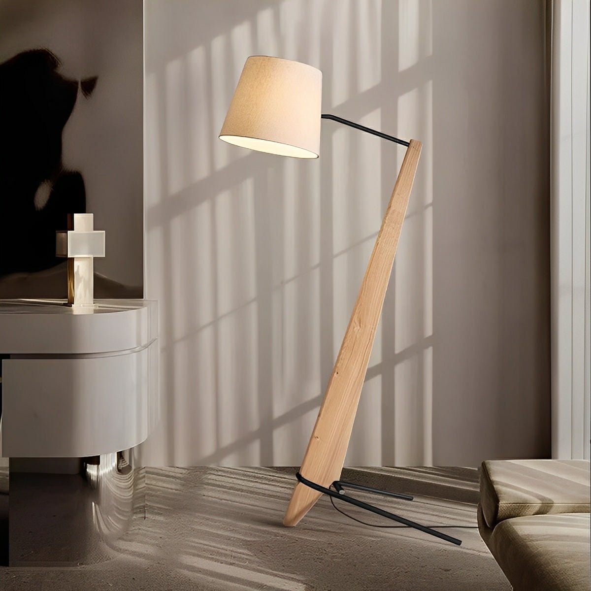 Modern Tilt Wood Fabric Drum Shade Floor Lamp - Flare Shack