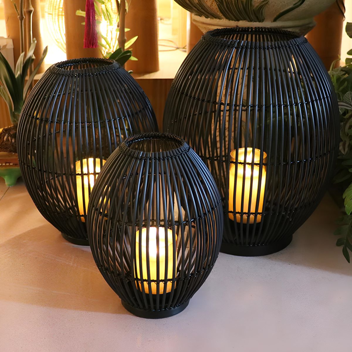 Outdoor Black Handwoven LED Candle Lantern Floor Lamp - Flare Shack