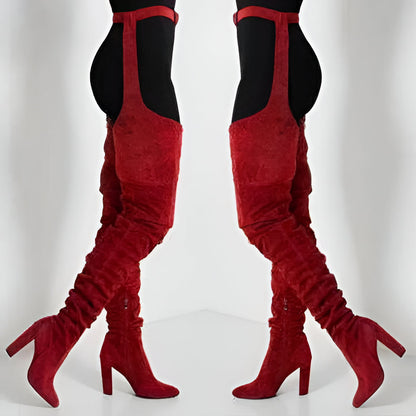 Women Faux Suede Thigh High Waist Belt Chunky High Heel Slouch Boots | Over The Knee Waist Belted Boots