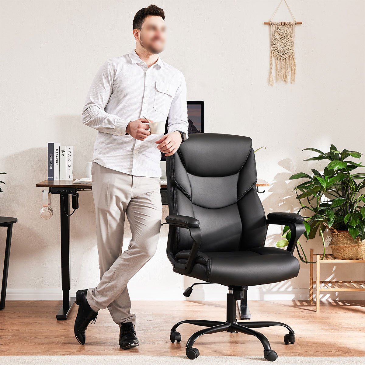 PU Leather Office Chair with Armrest,Lumbar Support, Strong Metal Base - Flare Shack
