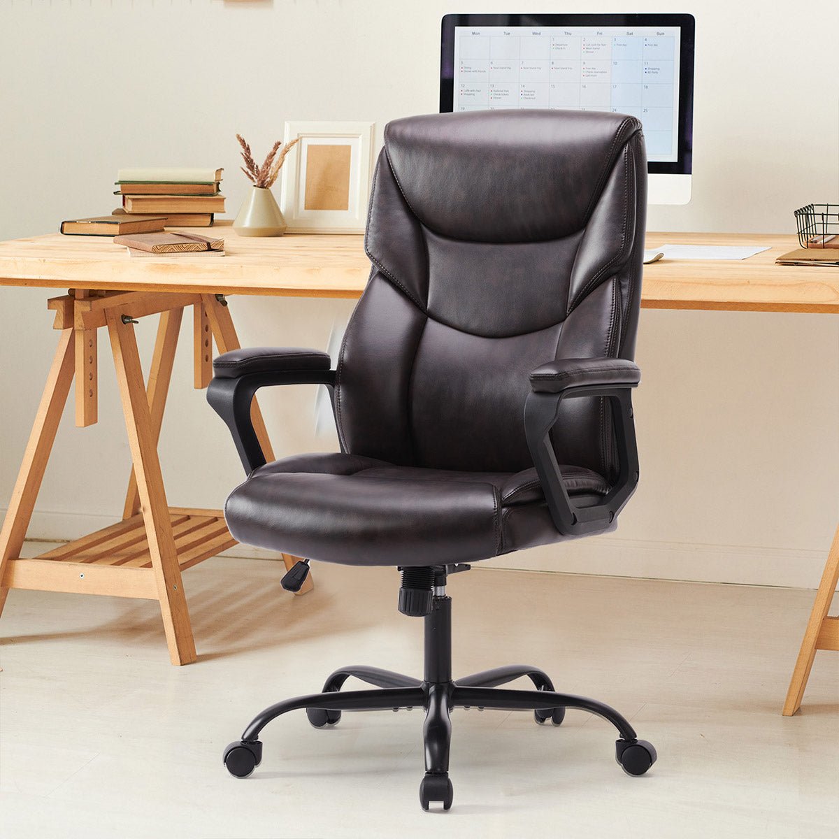 PU Leather Office Chair with Armrest,Lumbar Support, Strong Metal Base - Flare Shack