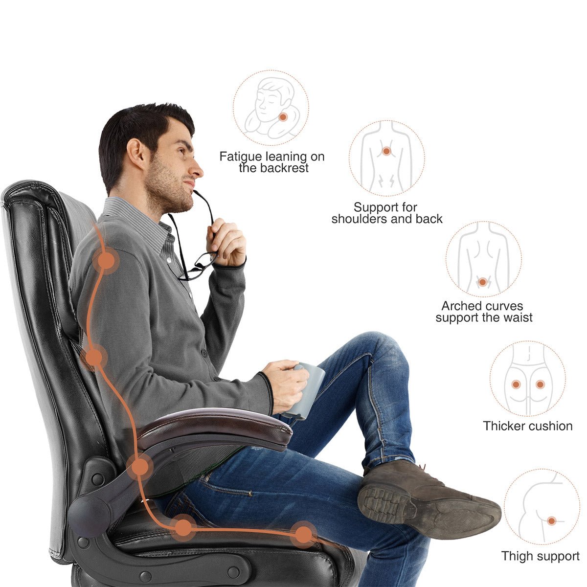 PU Leather Office Chair with Armrest,Lumbar Support, Strong Metal Base