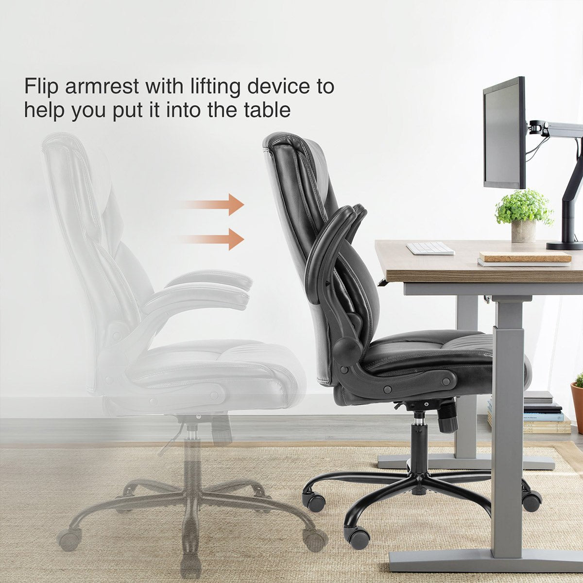 PU Leather Office Chair with Armrest,Lumbar Support, Strong Metal Base
