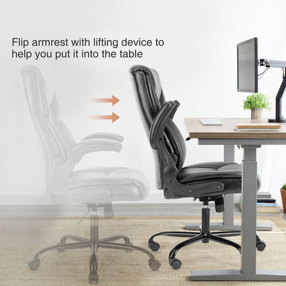 PU Leather Office Chair with Armrest,Lumbar Support, Strong Metal Base