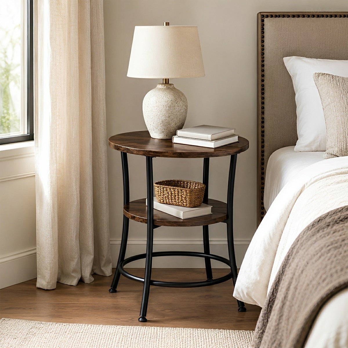 Round Side Table with Storage Shelf 2-Tier Nightstand