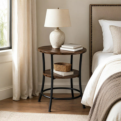 Round Side Table with Storage Shelf 2-Tier Nightstand