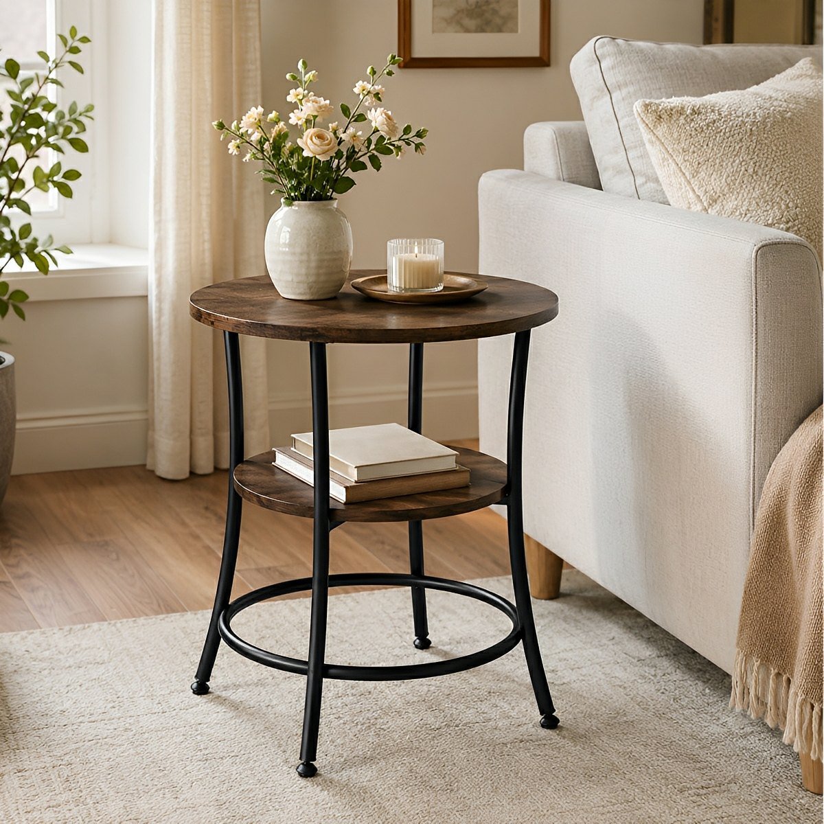 Round Side Table with Storage Shelf 2 - Tier Nightstand - Flare Shack