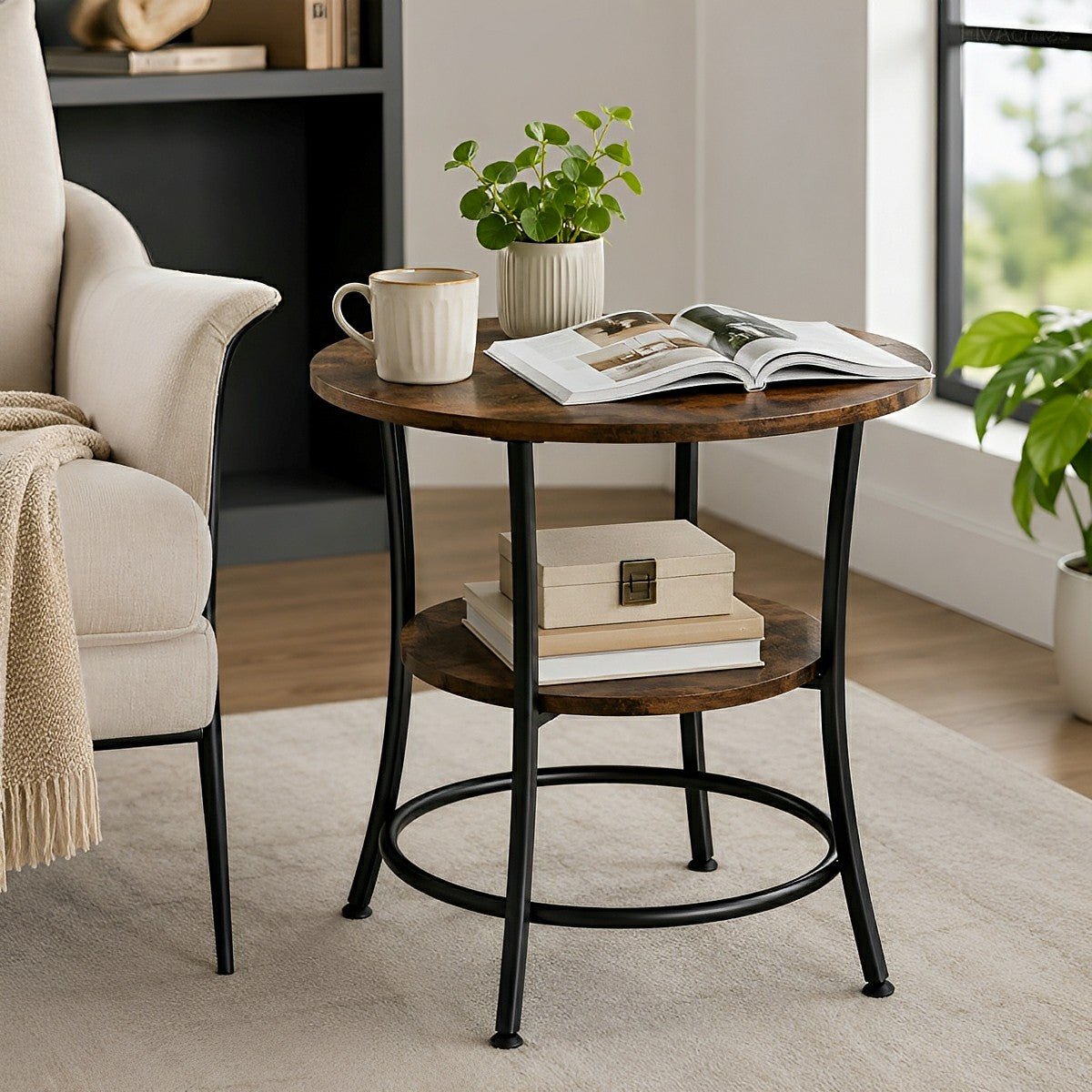 Round Side Table with Storage Shelf 2-Tier Nightstand