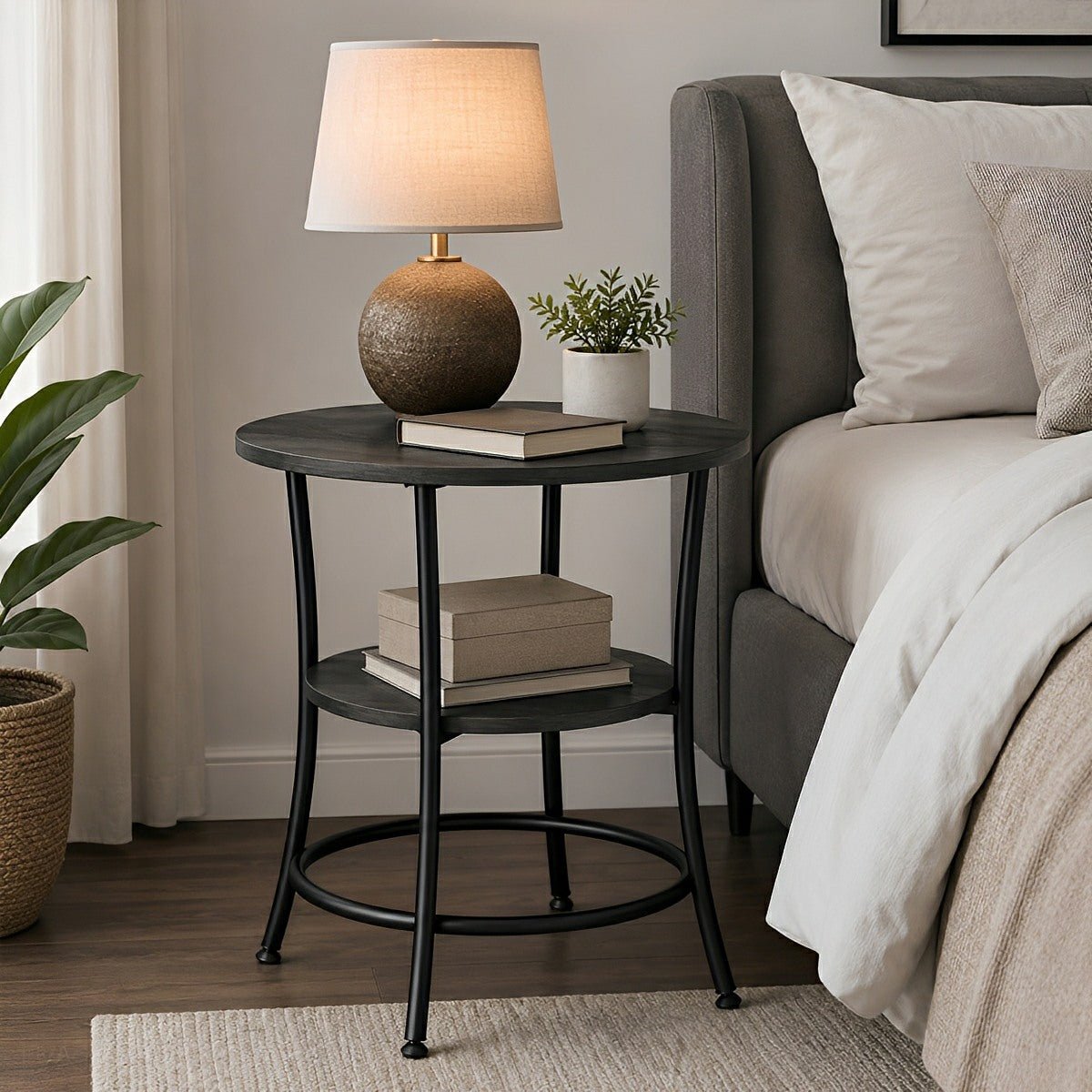 Round Side Table with Storage Shelf 2 - Tier Nightstand - Flare Shack