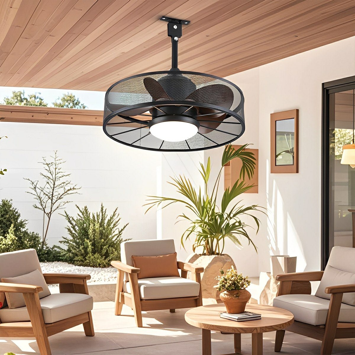 Rustic Mesh Ring - Round Outdoor DC Motor Reverse Ceiling Fan Light - Flare Shack