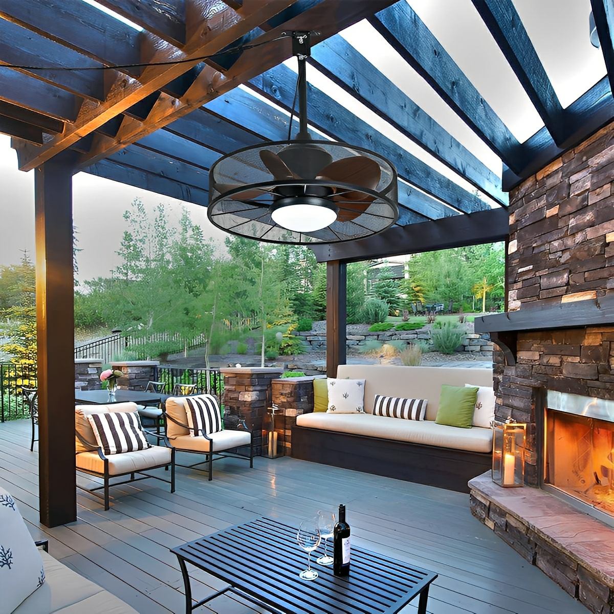 Rustic Mesh Ring - Round Outdoor DC Motor Reverse Ceiling Fan Light - Flare Shack