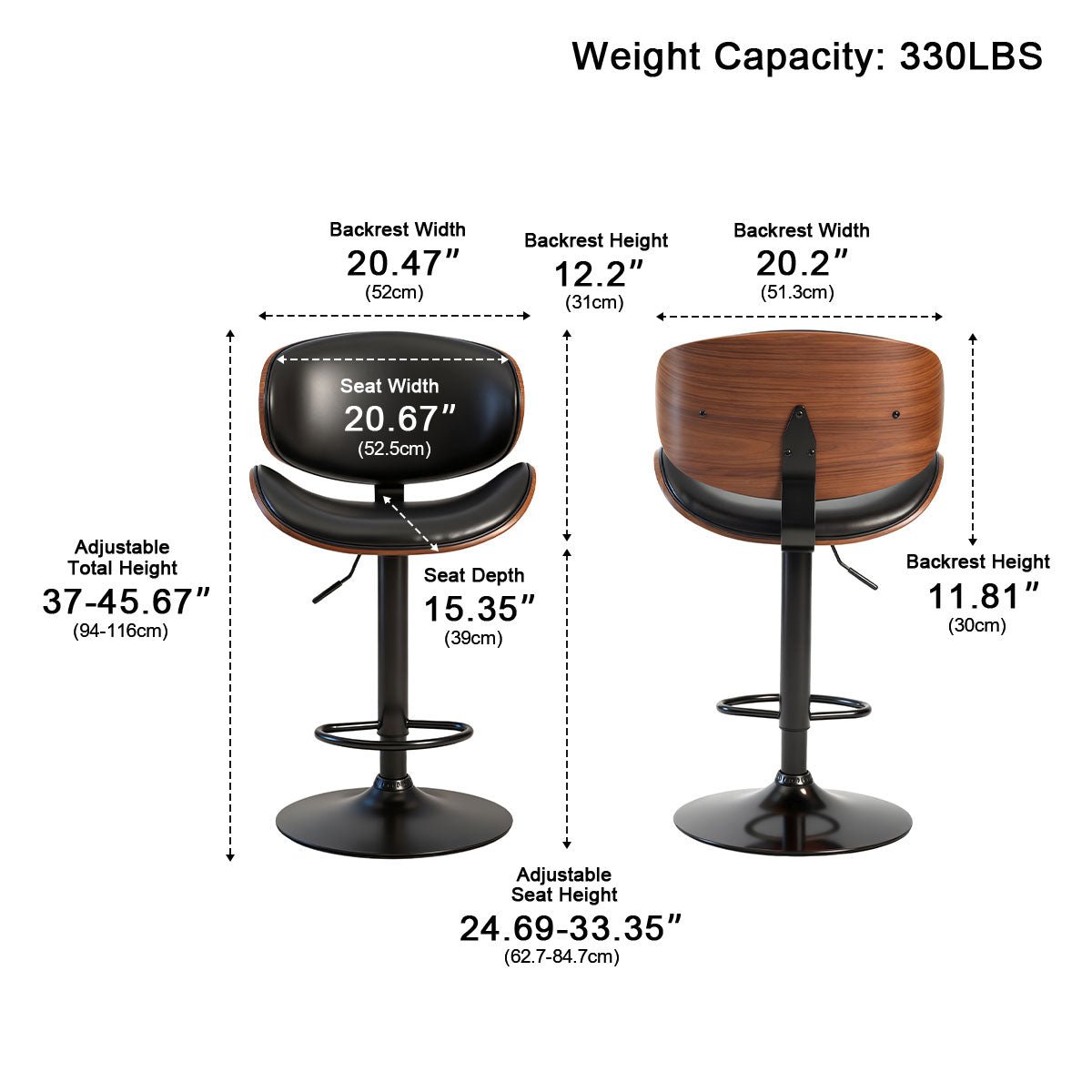 Set of 2 Adjustable Swivel Bar Stools with Backrest & Footrest