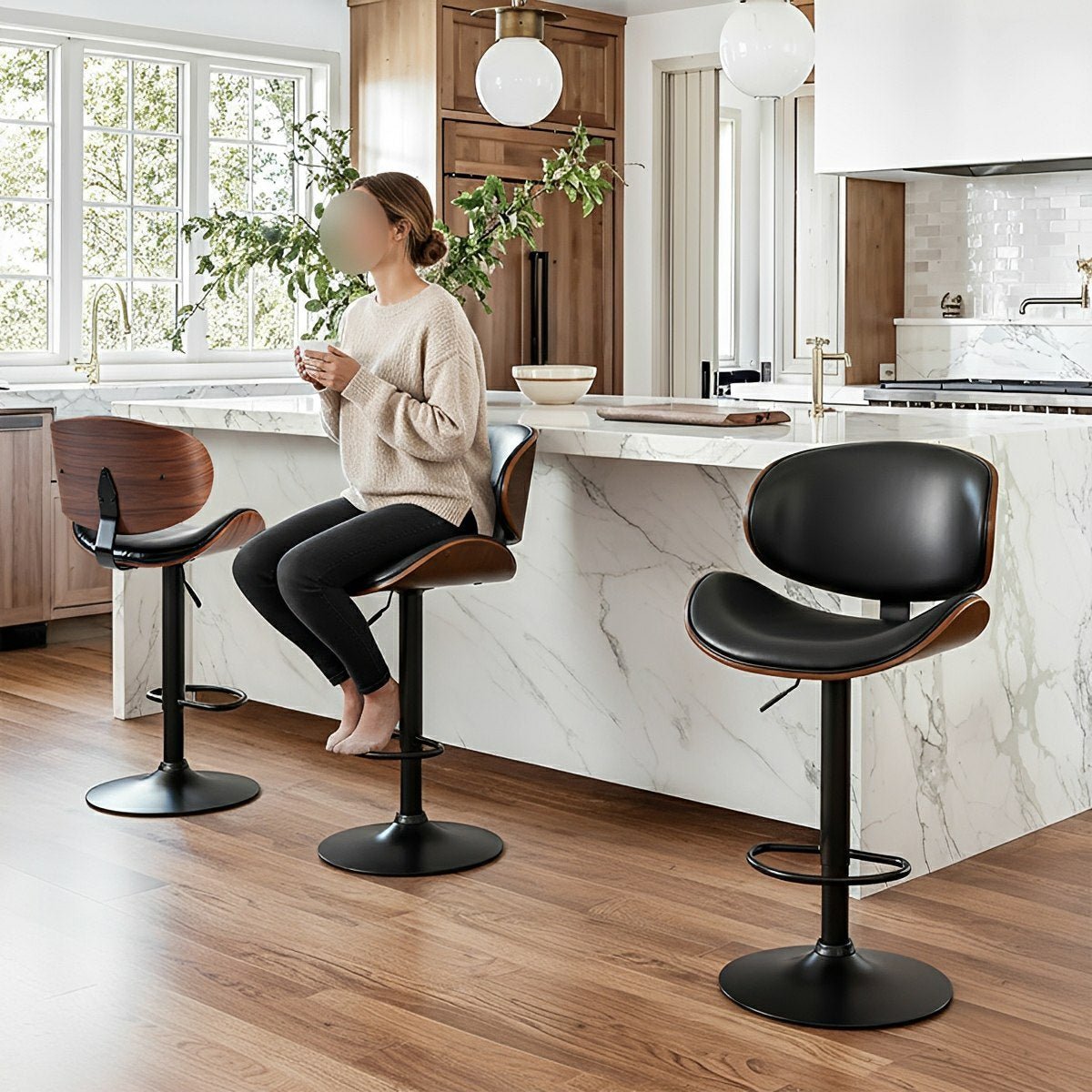 Set of 2 Adjustable Swivel Bar Stools with Backrest & Footrest