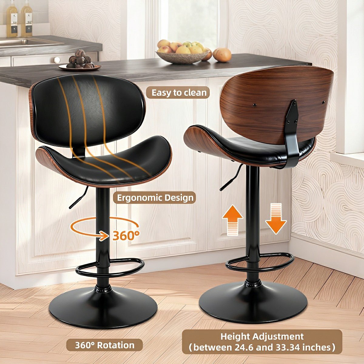 Set of 2 Adjustable Swivel Bar Stools with Backrest & Footrest
