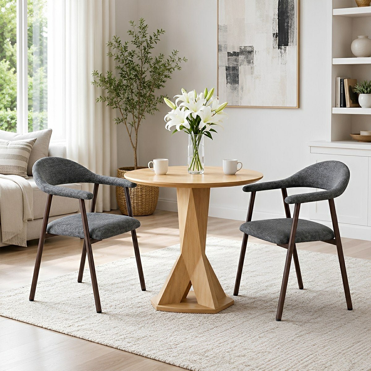 Set of 2 Modern Linen Dining Chairs with Curved Backrest