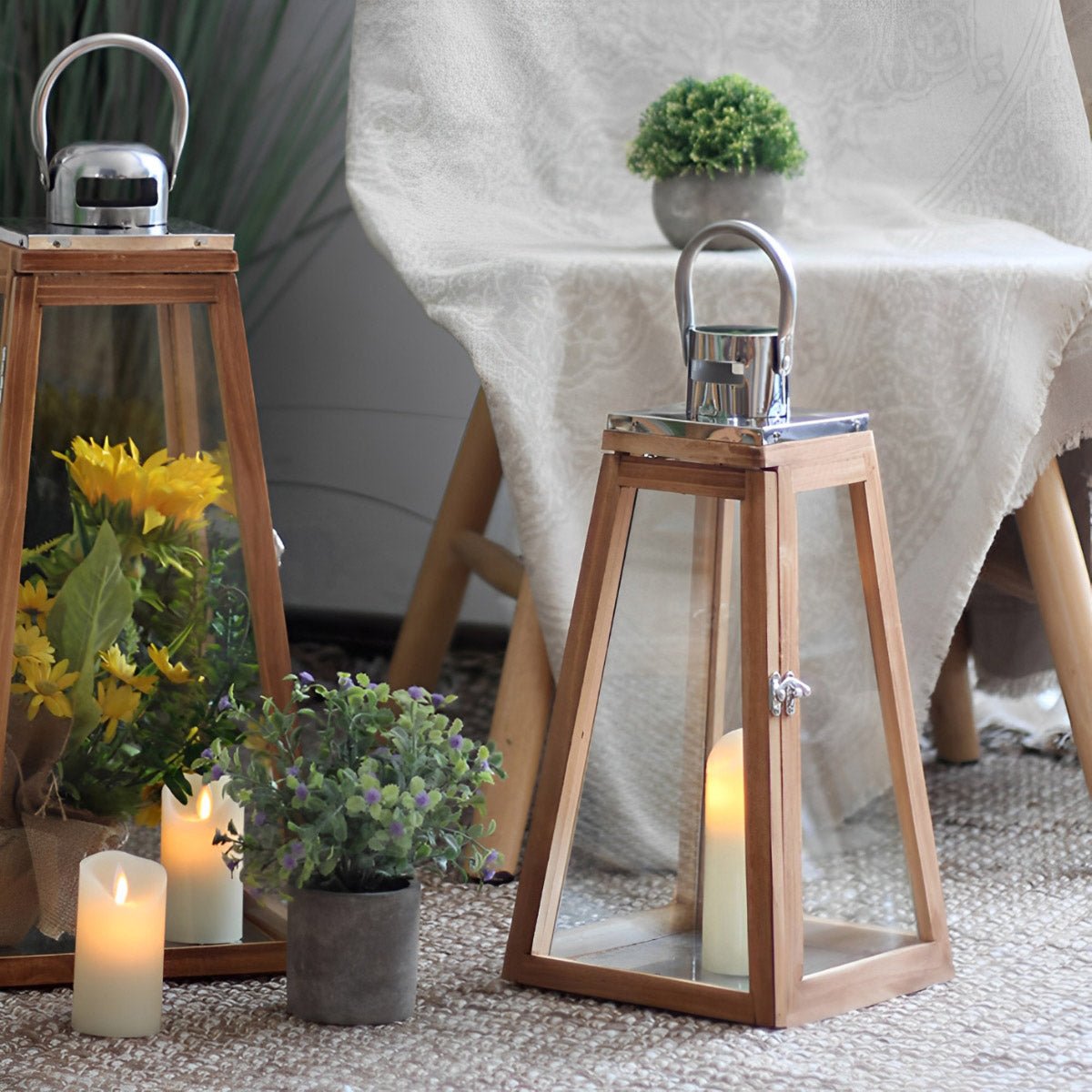 Set of 3 Rustic Wood Handmade LED Candle Holder Lantern