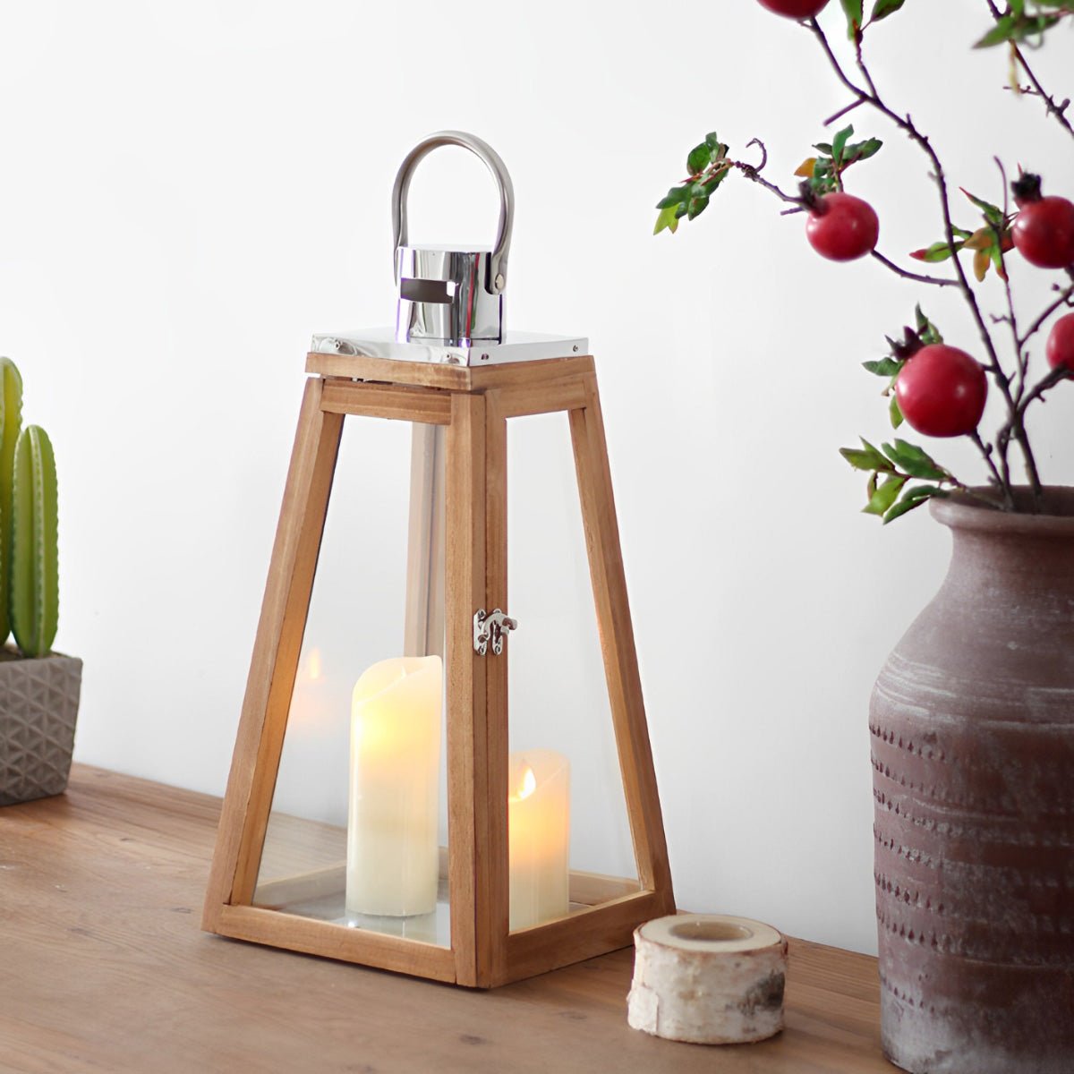 Set of 3 Rustic Wood Handmade LED Candle Holder Lantern