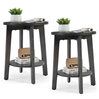Small Round Wooden Side Table – Double Layer Shelves