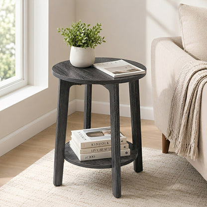 Small Round Wooden Side Table – Double Layer Shelves